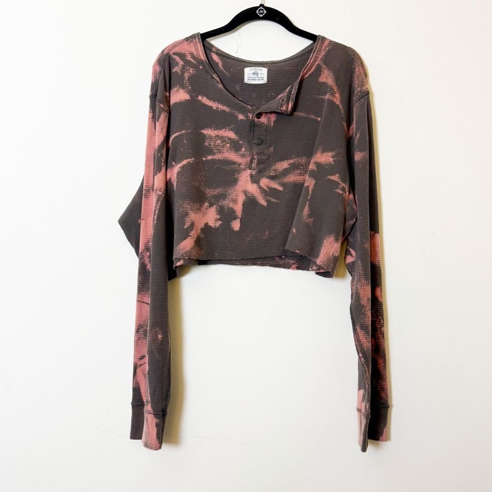 J.Crew Peach & Brown Tie-Dye Thermal Waffle Knit Crop Top Henley, Size XL